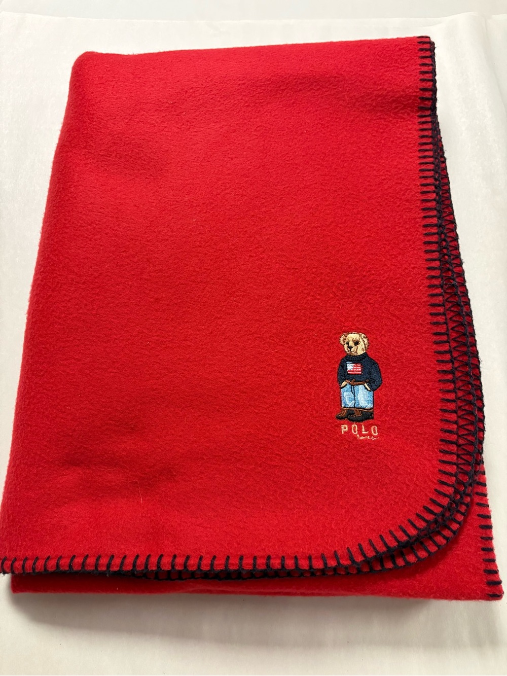 Polo Ralph Lauren Fleece 
Polo Bear Red Wool Blanket with Contrast Stitching